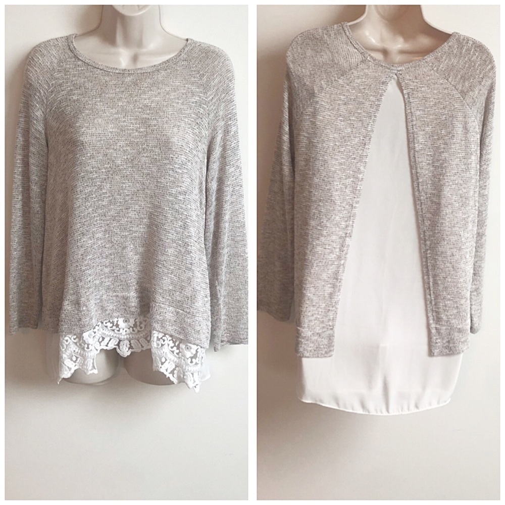 mm mm mm lace split back scoop neck pullover long sleeve knit sweater